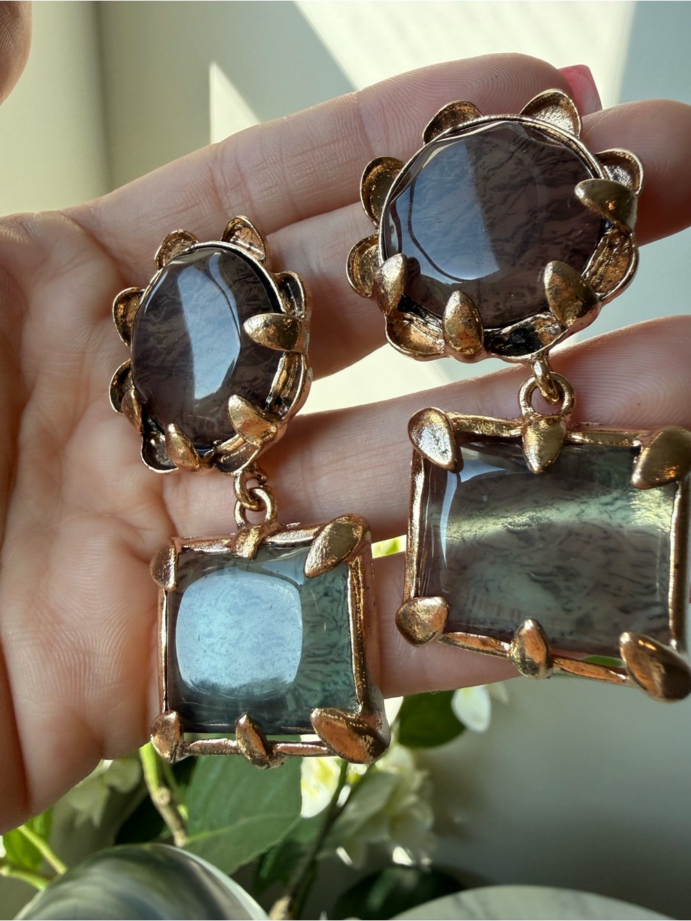 Gold and Emerald Green Drop Earrings - Picture 7 of 7